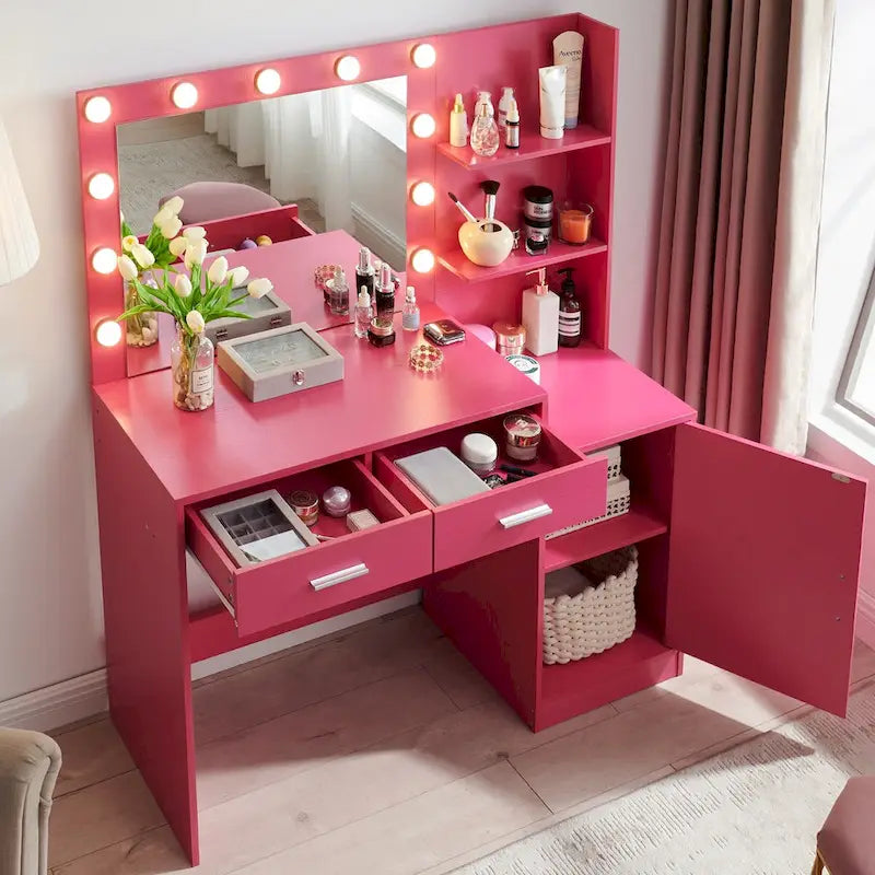 Roomfitters Vanity Desk with Lighted Mirror, Dressing Table with 2 Drawers and Storage, Makeup Table with Open Storage