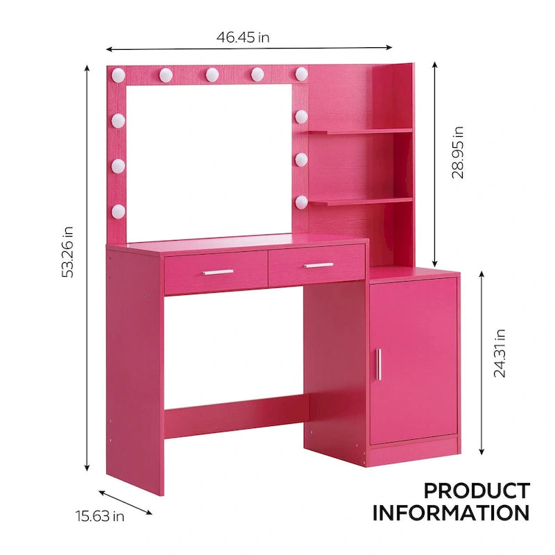 Roomfitters Vanity Desk with Lighted Mirror, Dressing Table with 2 Drawers and Storage, Makeup Table with Open Storage