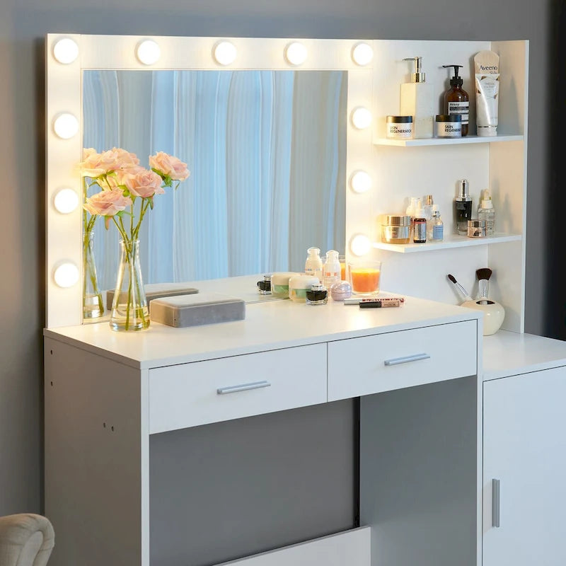 Roomfitters Vanity Desk with Lighted Mirror, Dressing Table with 2 Drawers and Storage, Makeup Table with Open Storage