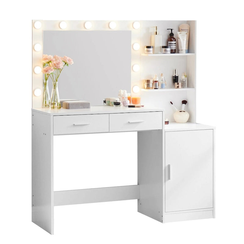 Roomfitters Vanity Desk with Lighted Mirror, Dressing Table with 2 Drawers and Storage, Makeup Table with Open Storage