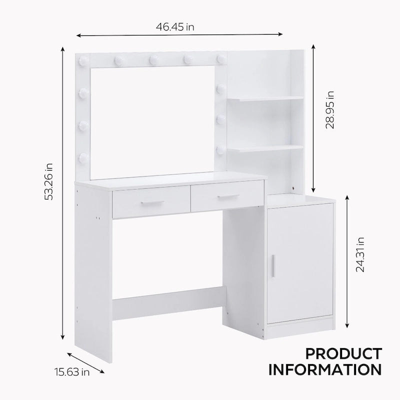 Roomfitters Vanity Desk with Lighted Mirror, Dressing Table with 2 Drawers and Storage, Makeup Table with Open Storage