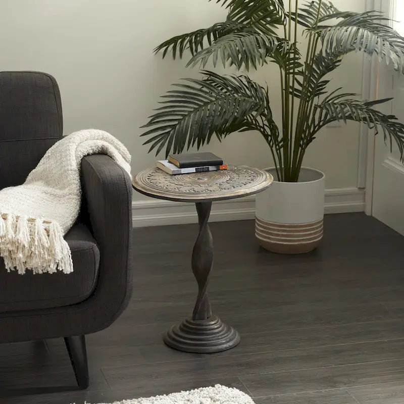 Mango Wood Floral Intricately Carved Side End Accent Table with Spiral Leg and Gray Distressing - Brown - Roche River Decor