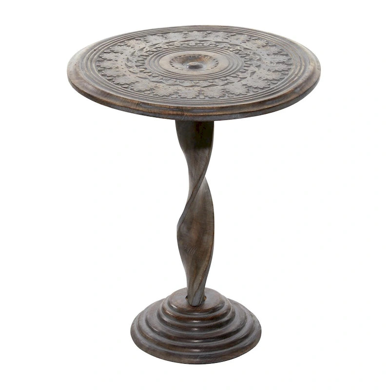 Mango Wood Floral Intricately Carved Side End Accent Table with Spiral Leg and Gray Distressing - Brown - Roche River Decor