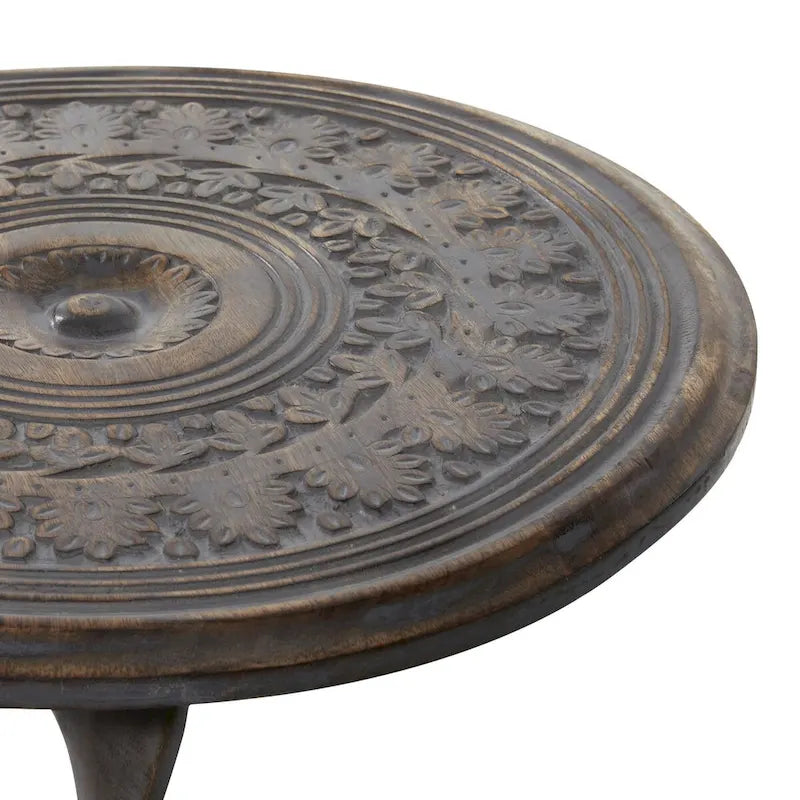 Mango Wood Floral Intricately Carved Side End Accent Table with Spiral Leg and Gray Distressing - Brown - Roche River Decor