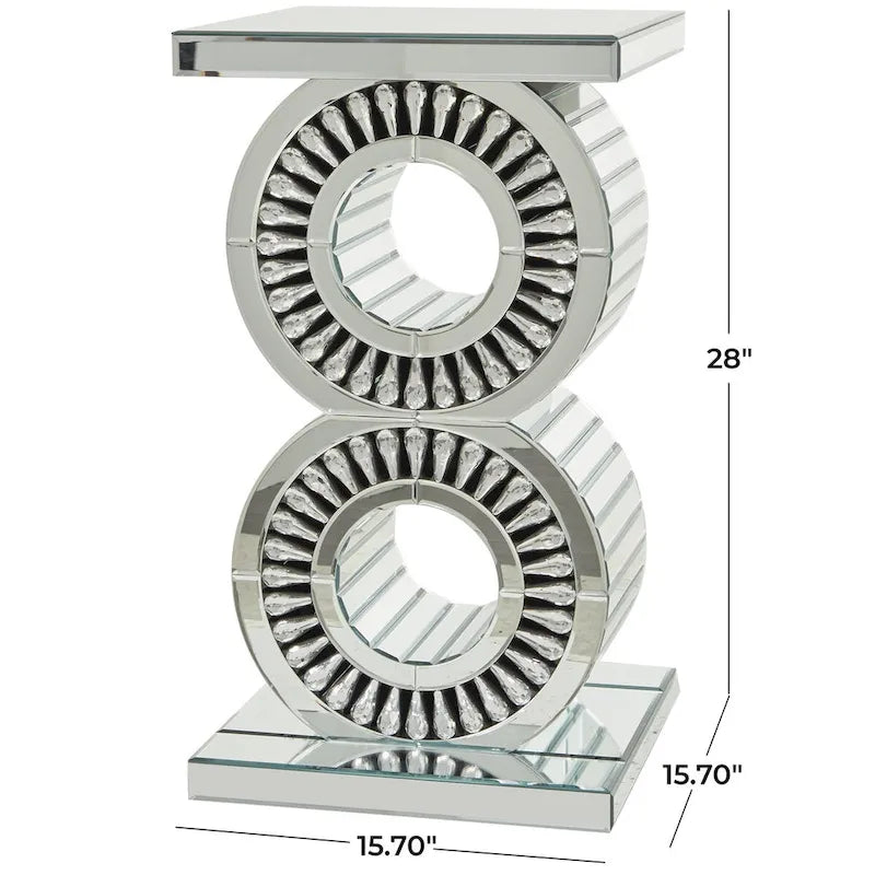 Glass Mirrored Side End Accent Table with Crystal Embellishment - Silver - Roche River Decor