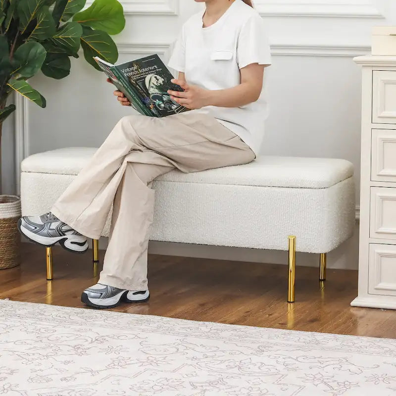 Adeco Storage Ottoman Bench 47 Inches Upholstered Bed End Bench