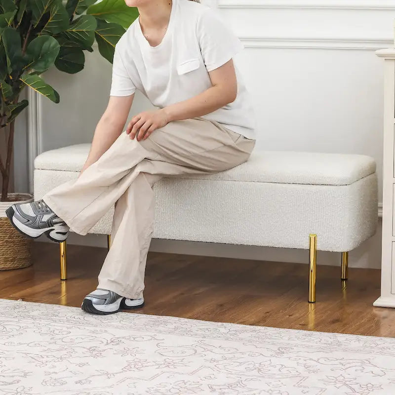 Adeco Storage Ottoman Bench 47 Inches Upholstered Bed End Bench