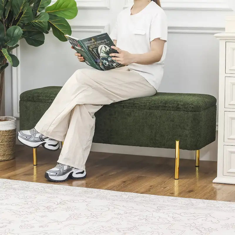 Adeco Storage Ottoman Bench 47 Inches Upholstered Bed End Bench