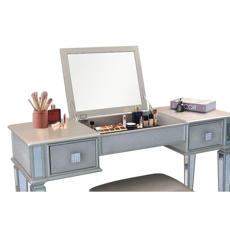 2-Drawer Mirrored Dresser with Vanity Table, Flip-Up Mirror, and Stool