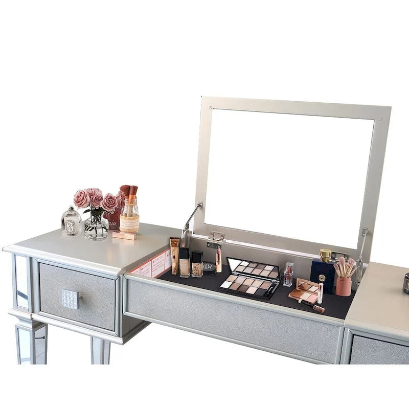 2-Drawer Mirrored Dresser with Vanity Table, Flip-Up Mirror, and Stool