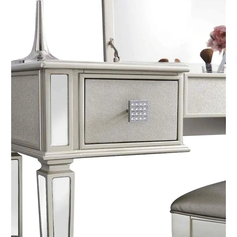 2-Drawer Mirrored Dresser with Vanity Table, Flip-Up Mirror, and Stool