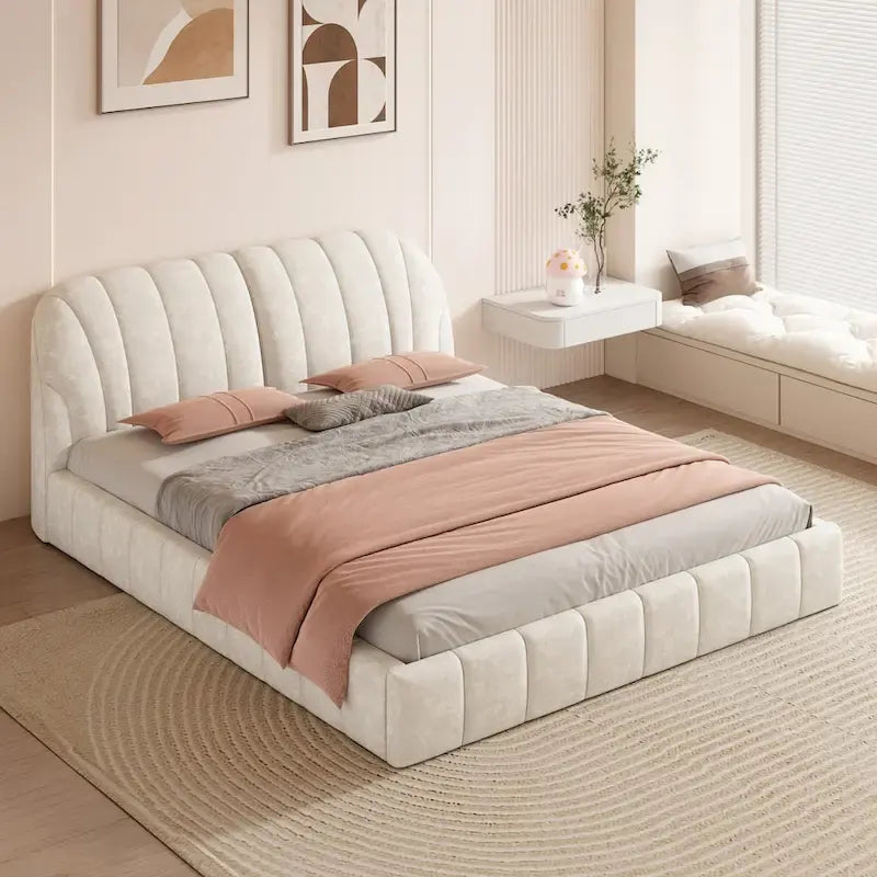 Queen Size Upholstered Platform Bed with Thick Fabric