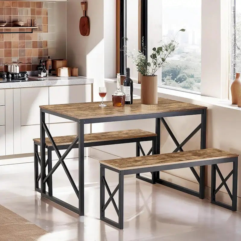 Table à manger 3 pièces VECELO avec banc, ensemble de table de salle à manger pour 4-6 personnes, table de cuisine avec 2 bancs, ensemble de table à manger