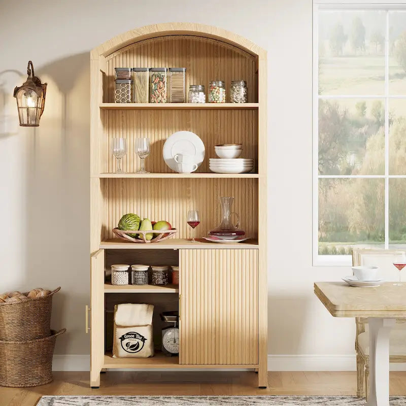 71  Tall Arched Kitchen Pantry Cabinet with Doors - Natural Wood