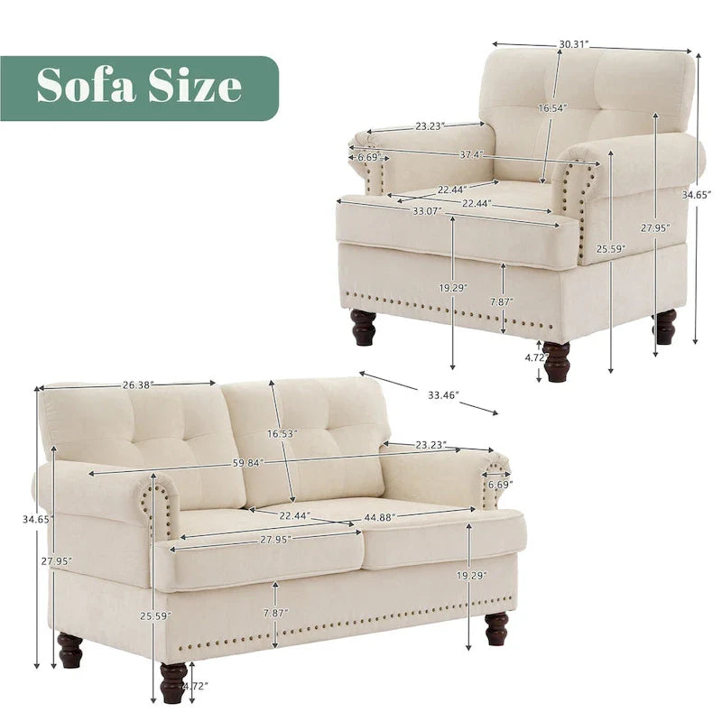 Set of 3 Chenille Sofa Set for Living Room, Button-Tufted & Nailhead Upholstery, Solid Rubberwood Legs