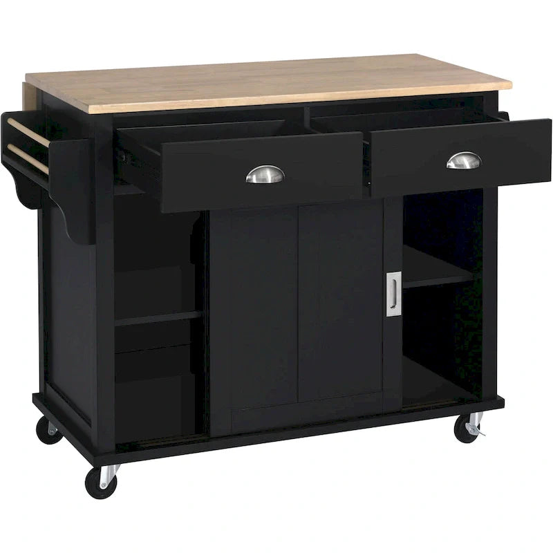 Kitchen Cart with Rubber wood Drop-Leaf Countertop, Concealed sliding barn door adjustable height,Kitchen Island on 4 Wheels