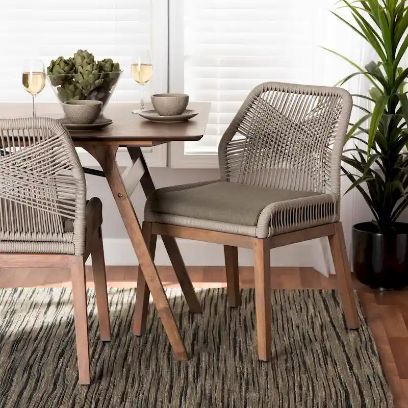 Chaise de salle à manger en acajou et corde tressée, style transitionnel moderne, grise