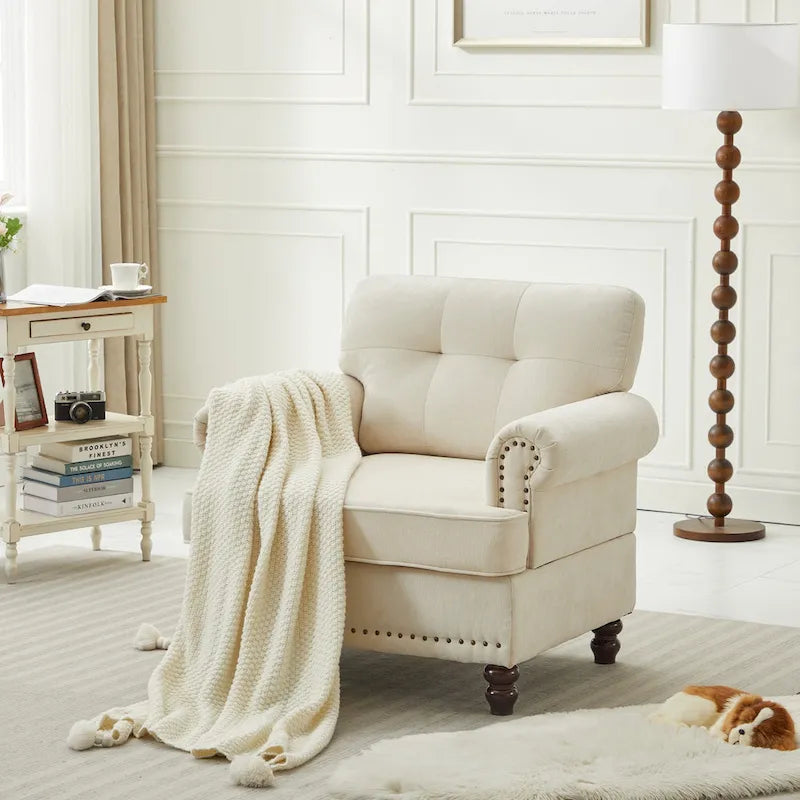Set of 3 Chenille Sofa Set for Living Room, Button-Tufted & Nailhead Upholstery, Solid Rubberwood Legs