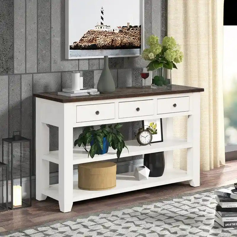 Console en bois avec 3 tiroirs de rangement et 2 étagères