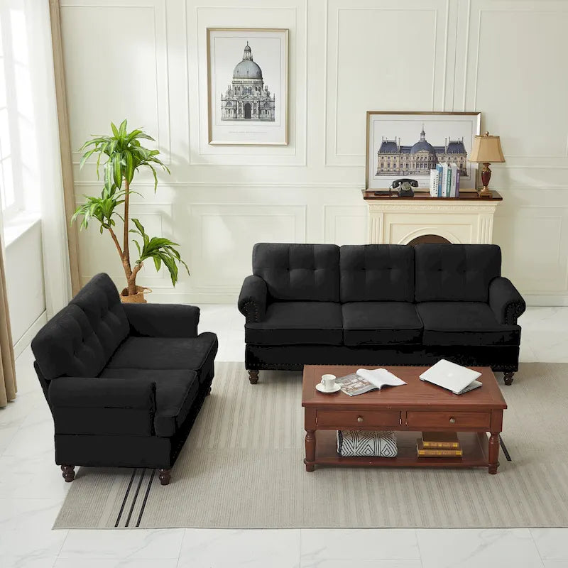 Set of 3 Chenille Sofa Set for Living Room, Button-Tufted & Nailhead Upholstery, Solid Rubberwood Legs