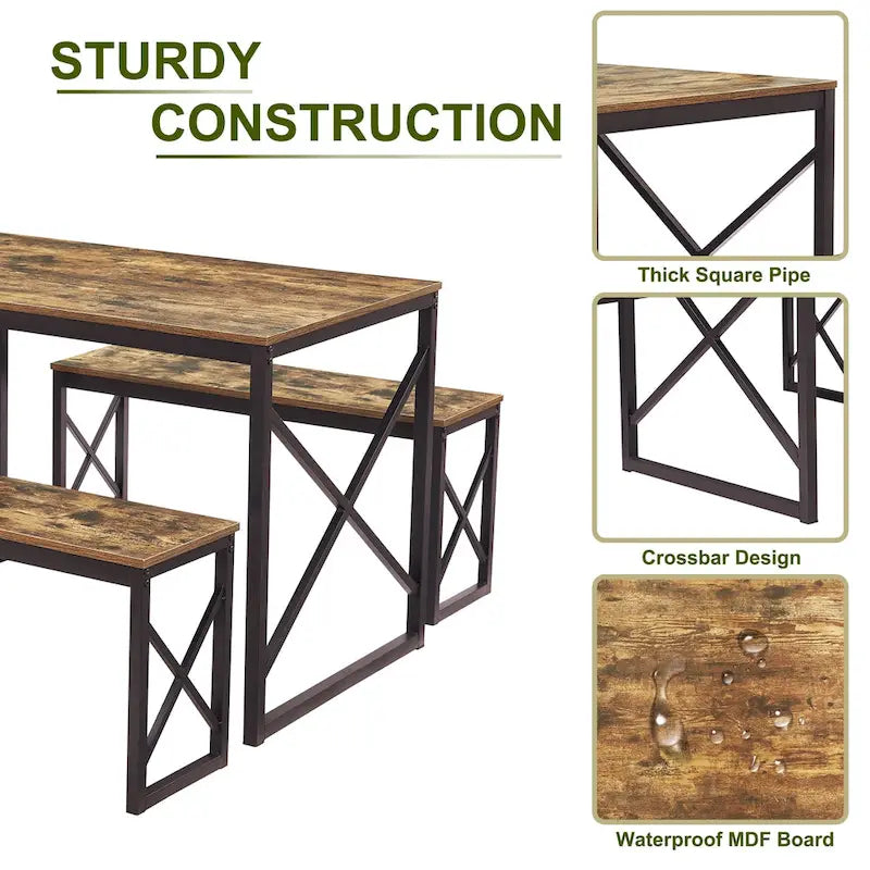 Table à manger 3 pièces VECELO avec banc, ensemble de table de salle à manger pour 4-6 personnes, table de cuisine avec 2 bancs, ensemble de table à manger