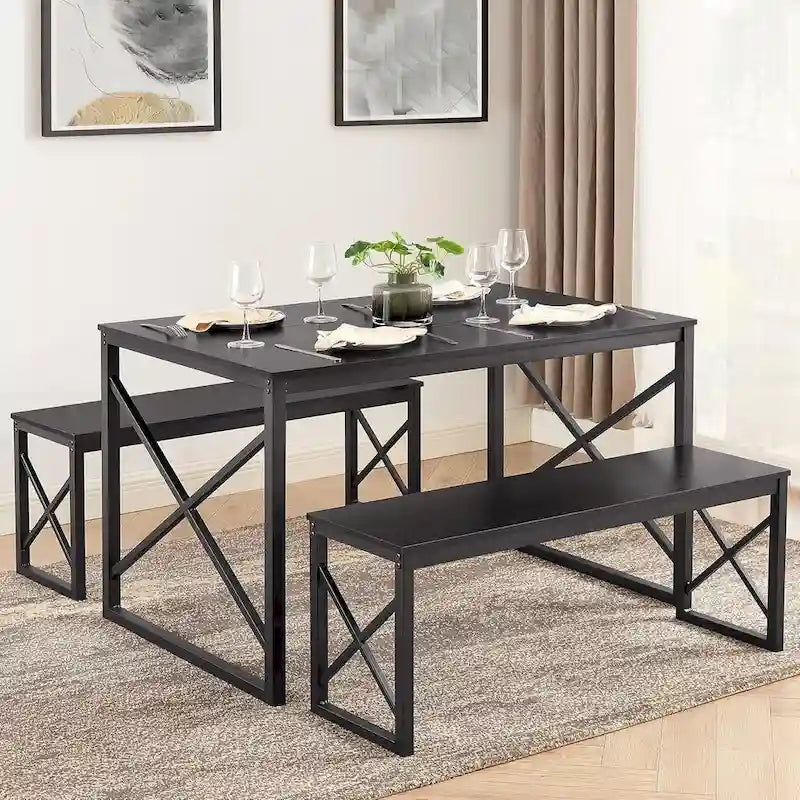 Table à manger 3 pièces VECELO avec banc, ensemble de table de salle à manger pour 4-6 personnes, table de cuisine avec 2 bancs, ensemble de table à manger