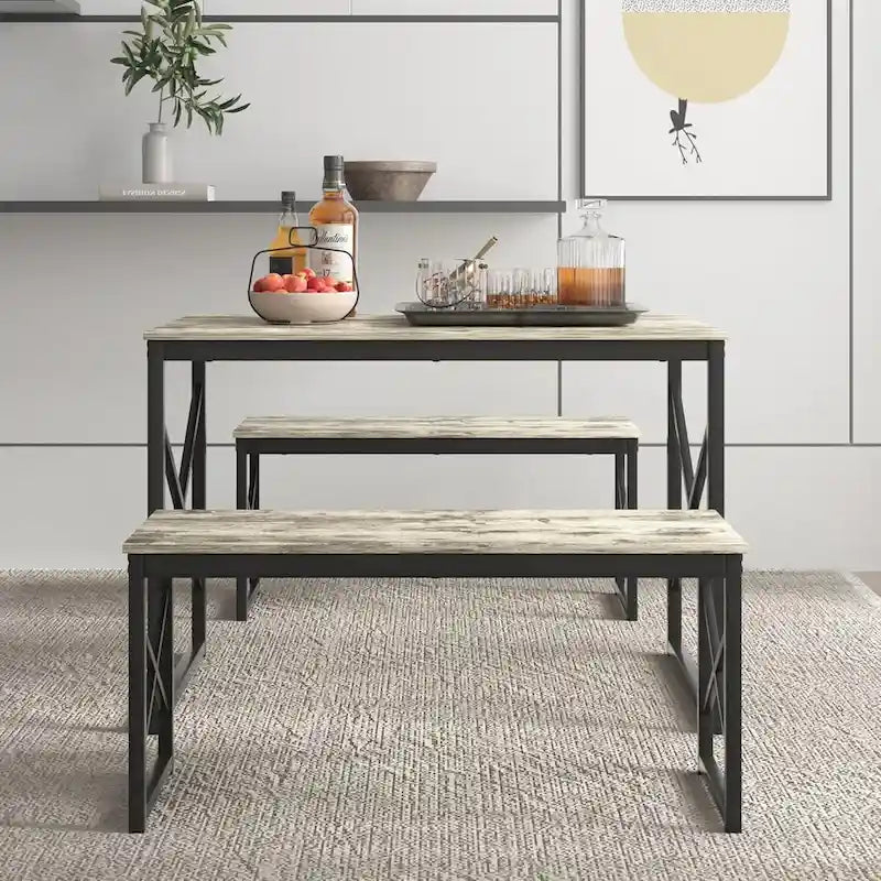 Table à manger 3 pièces VECELO avec banc, ensemble de table de salle à manger pour 4-6 personnes, table de cuisine avec 2 bancs, ensemble de table à manger