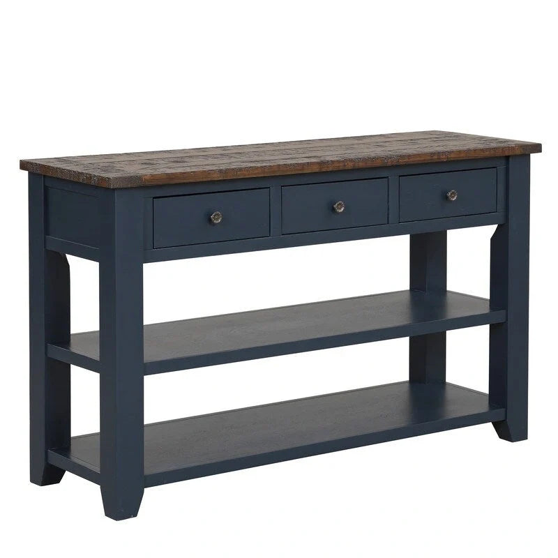 Console en bois avec 3 tiroirs de rangement et 2 étagères