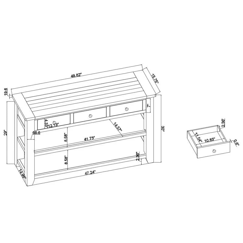 Console en bois avec 3 tiroirs de rangement et 2 étagères