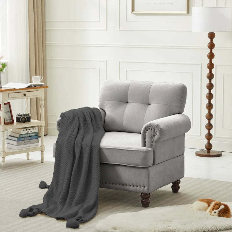 Set of 3 Chenille Sofa Set for Living Room, Button-Tufted & Nailhead Upholstery, Solid Rubberwood Legs