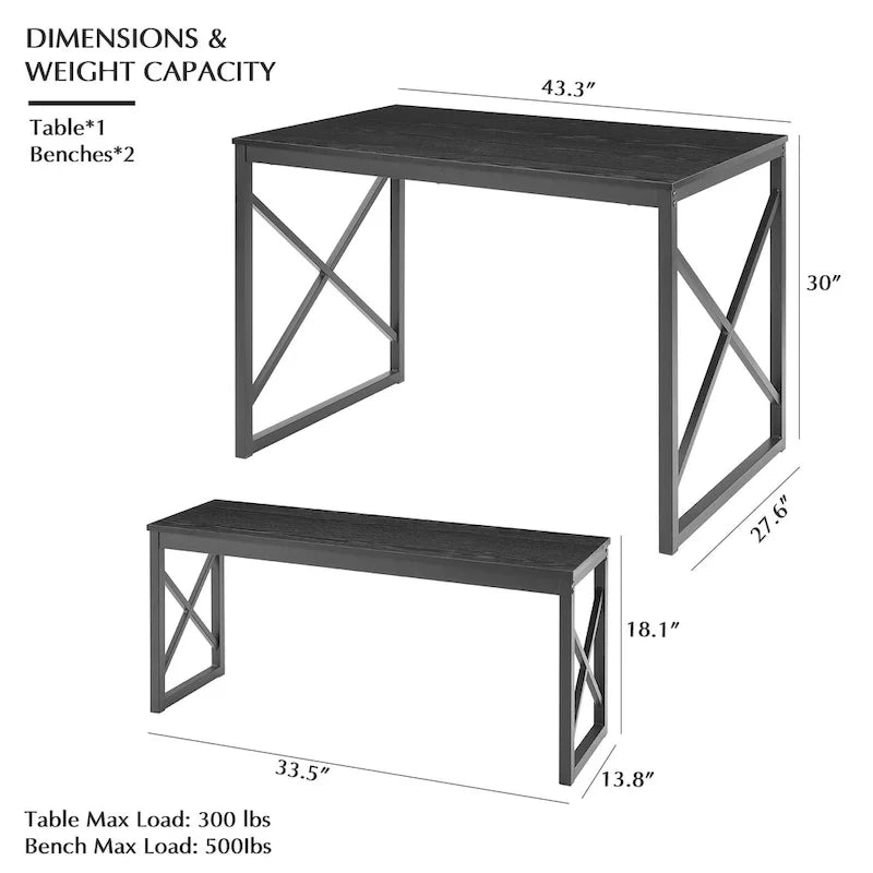 Table à manger 3 pièces VECELO avec banc, ensemble de table de salle à manger pour 4-6 personnes, table de cuisine avec 2 bancs, ensemble de table à manger
