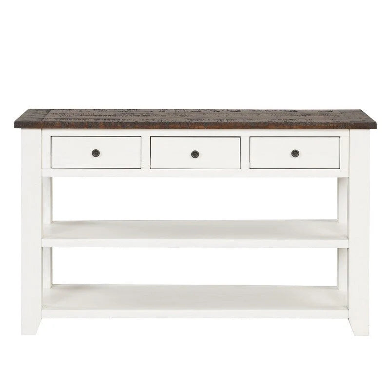 Console en bois avec 3 tiroirs de rangement et 2 étagères