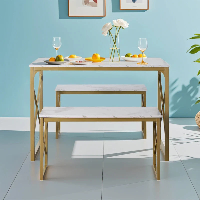 Table à manger 3 pièces VECELO avec banc, ensemble de table de salle à manger pour 4-6 personnes, table de cuisine avec 2 bancs, ensemble de table à manger