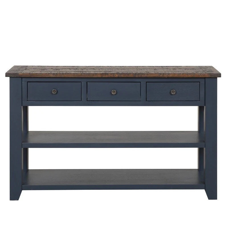 Console en bois avec 3 tiroirs de rangement et 2 étagères