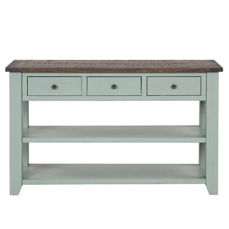 Console en bois avec 3 tiroirs de rangement et 2 étagères