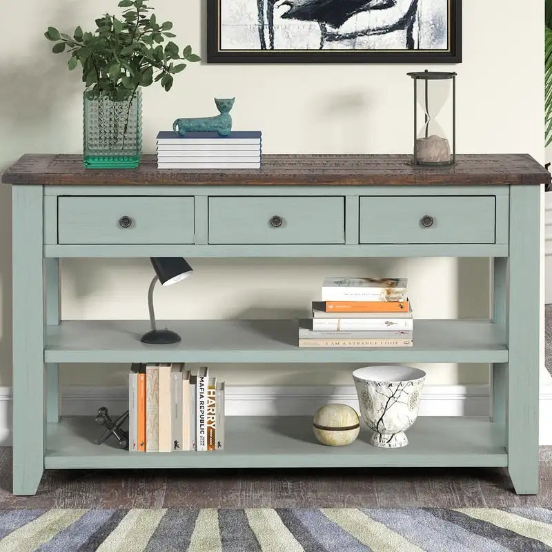 Console en bois avec 3 tiroirs de rangement et 2 étagères