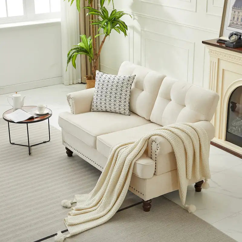 Set of 3 Chenille Sofa Set for Living Room, Button-Tufted & Nailhead Upholstery, Solid Rubberwood Legs
