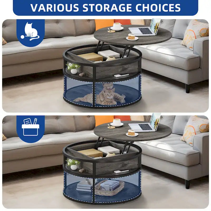 Moasis Farmhouse Lift Top Round Coffee Table with Hidden Storage and Shelf