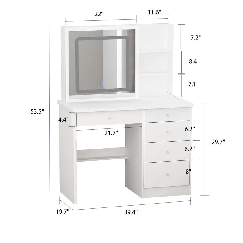 White Makeup Vanity Set with LED Mirror and Stool - 39.4 Wide