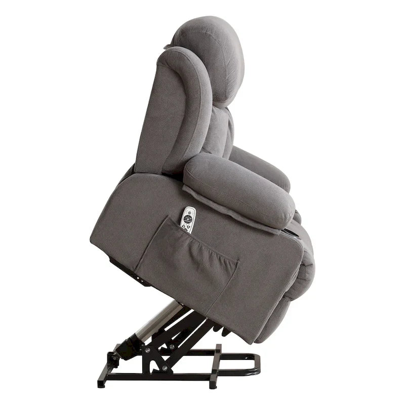 Grey Power Lift Recliner with Heated Massage, USB Charging, Remote Control, and Convenient Side Pockets for Seniors