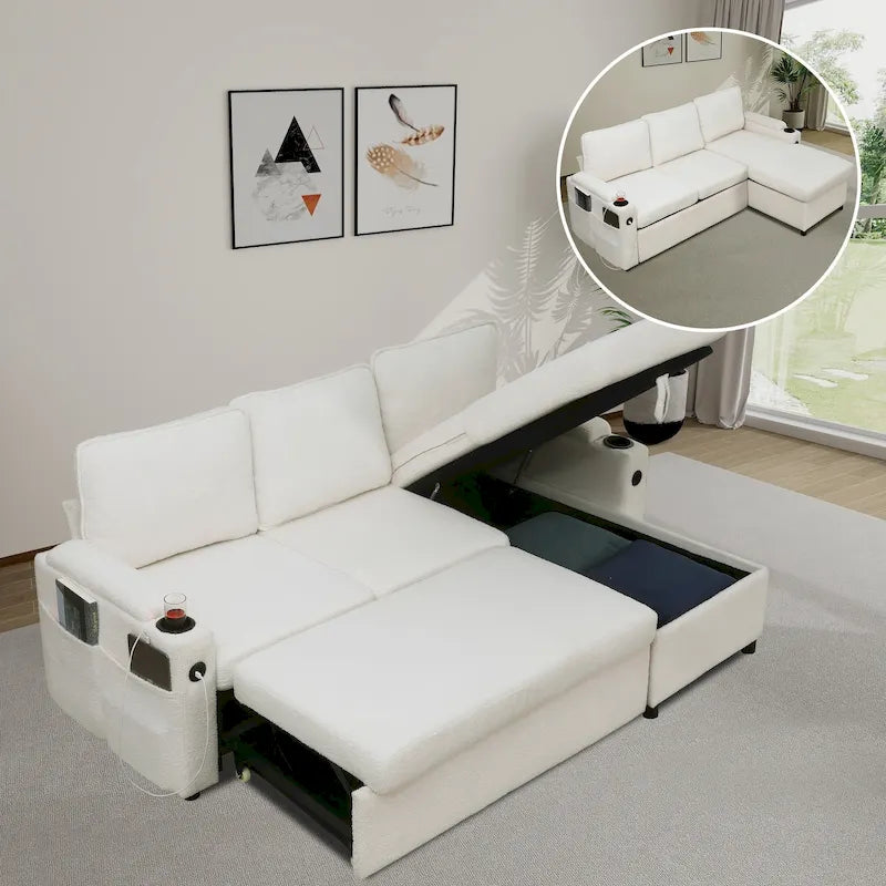 80 L-Shaped Sofa Couch Bed, Sofa Sleeper with Pull Out Bed, Reversible Sleeper Sofa Bed