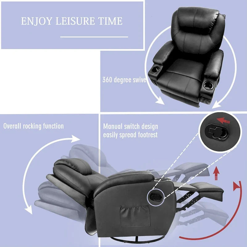 Massage Recliner Chair Swivel Heating Faux Leather Living Room Chair