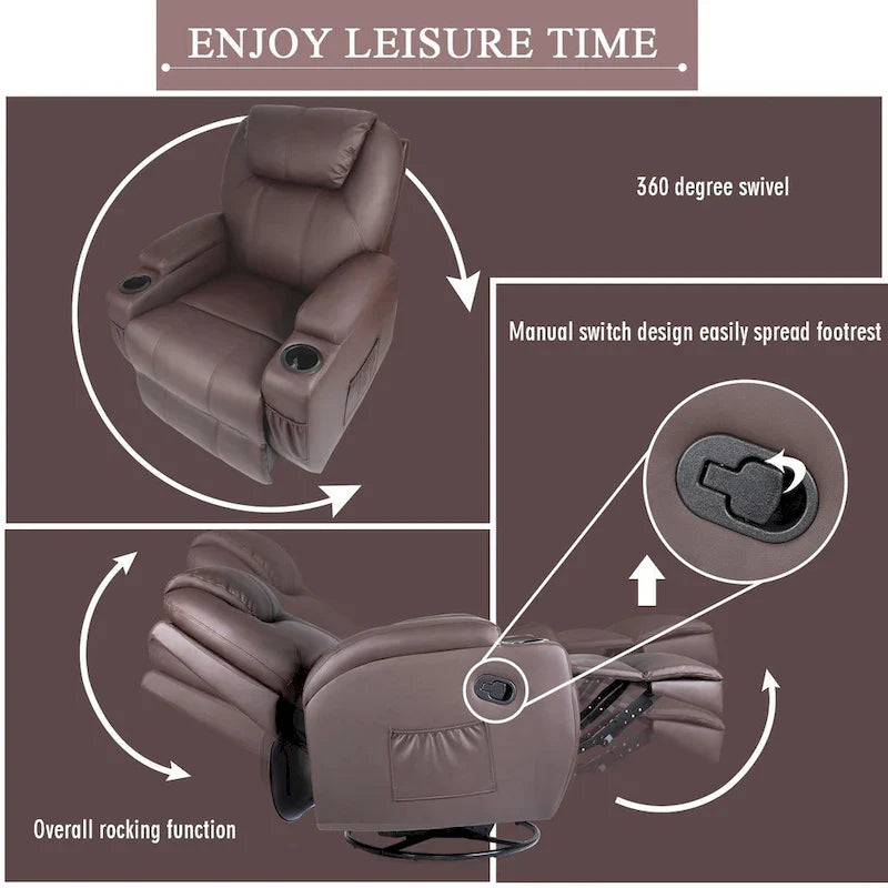 Massage Recliner Chair Swivel Heating Faux Leather Living Room Chair