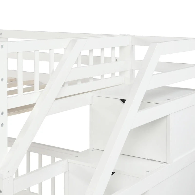 Twin Over Full Wood Loft Bed with Staircase,High Guardrails and Ladder