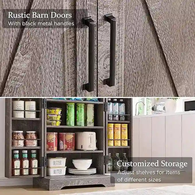47 Farmhouse Kitchen Pantry, Storage Cabinet with Barn Doors - N/A