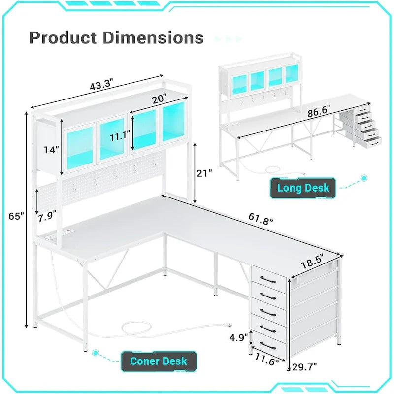 L Shaped Gaming Desk Computer Desk Pegboard 5 Drawers Storage Shelf