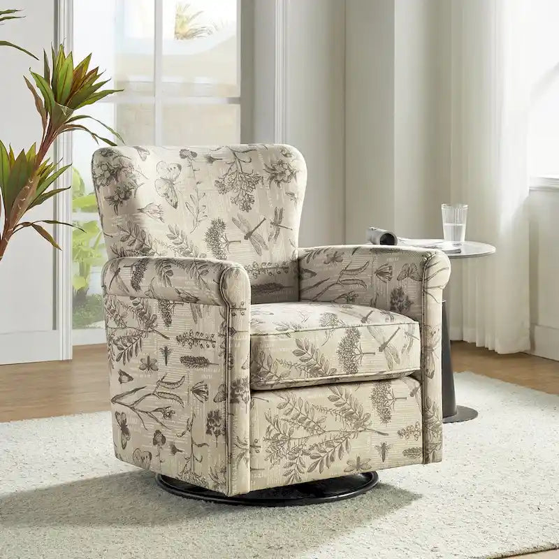 Georg Comfortable Floral Fabric Swivel Rocker Chair with Rolled Armrest by HULALA HOME