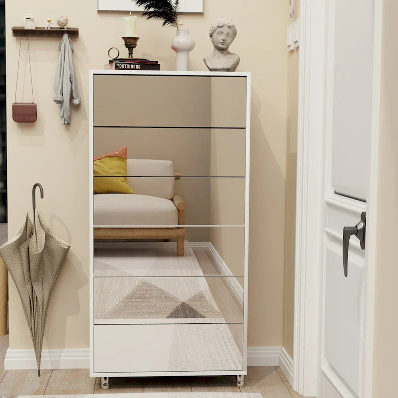 Mirror Shoe Cabinet With 6 Flip Drawers,Shoe Rack Organizer Store Ample Shoes,4 Metal Legs,Hand-Touch Flip-Out Door