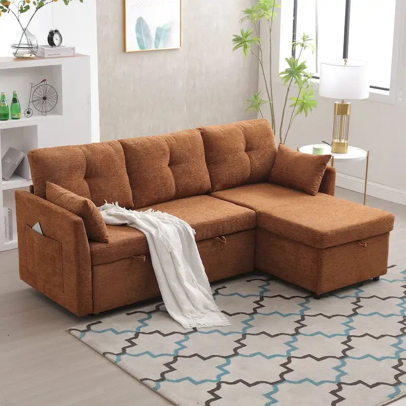 Corduroy/Chenille Upholstered L-Shaped Storage Reversible Chaise Sectional Sofa with Side Pocket