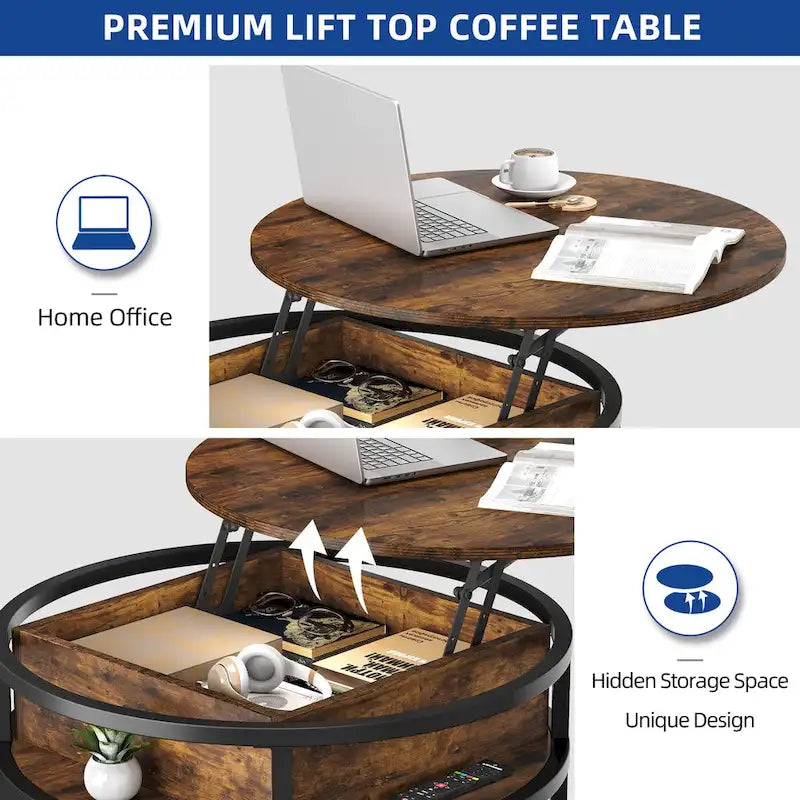 Moasis Farmhouse Lift Top Round Coffee Table with Hidden Storage and Shelf